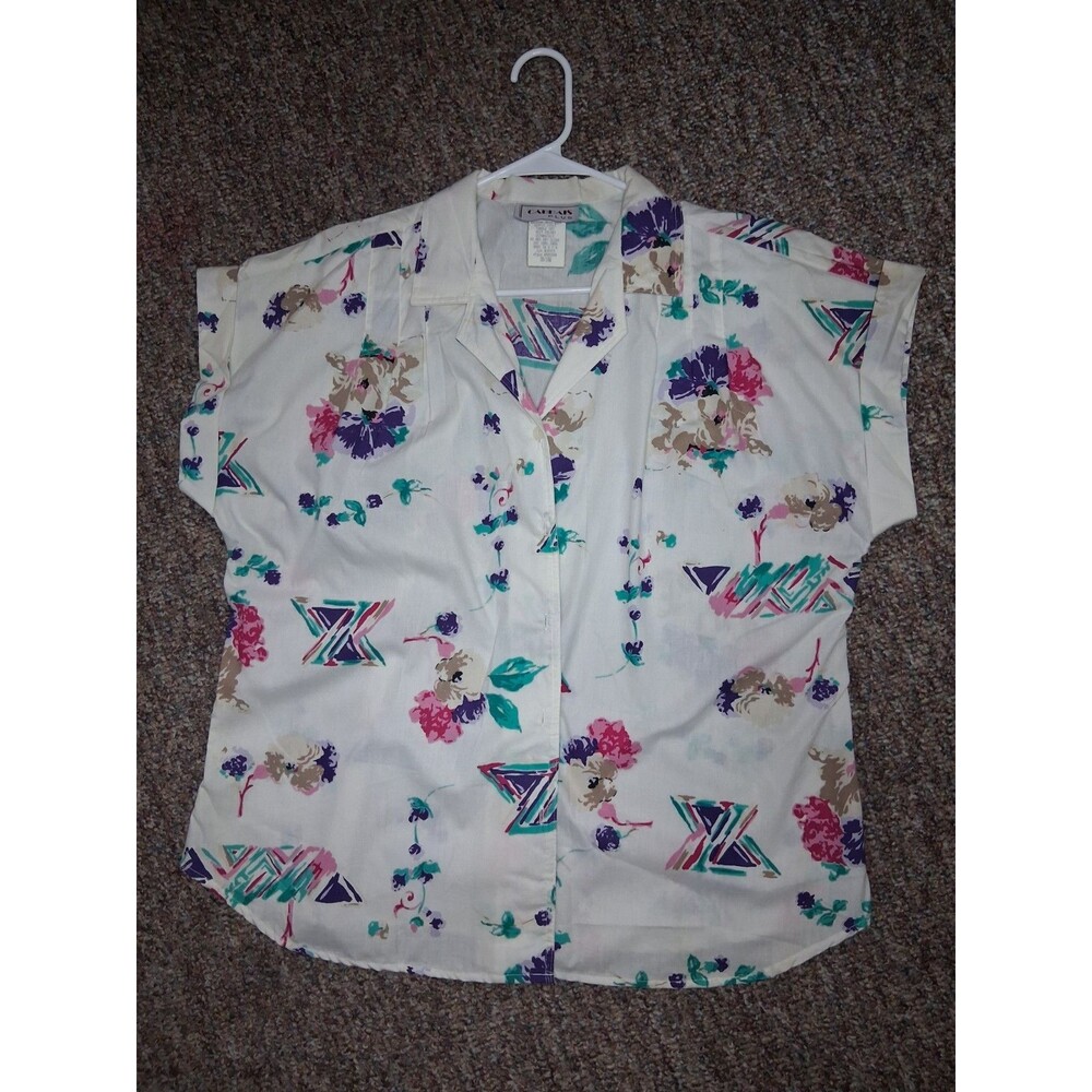 Vintage 80s Cabrais Plus Geometric Floral Blouse Shirt Women's Size 18W Made in